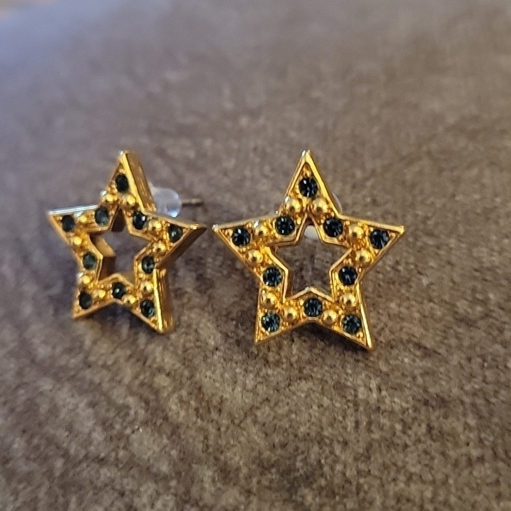 VTG AVON Goldtone Blue Rhinestone Star Nebula Holiday Post Earrings - Picture 3 of 6